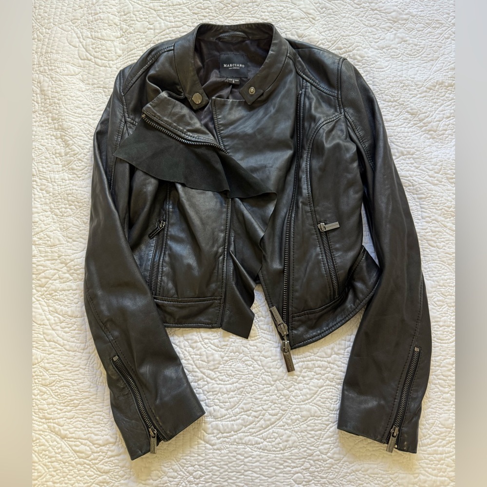 Guess Marciano sz S Black Leather Motorcycle Jacket Asymmetrical Design